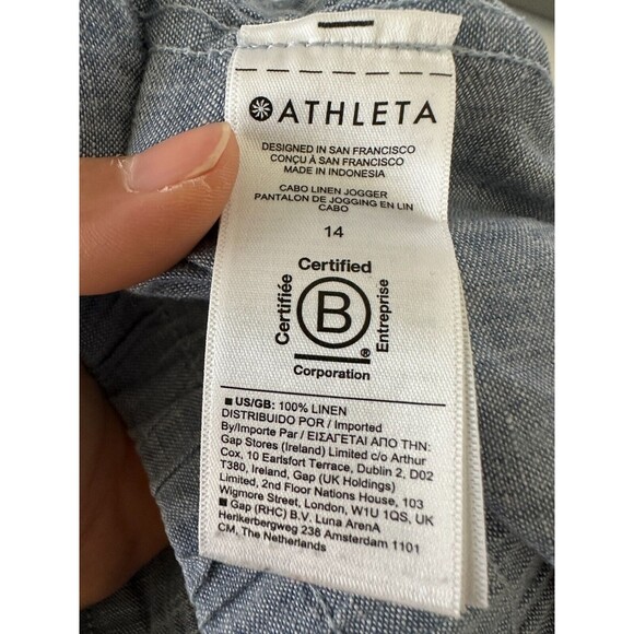 Athleta Cabo Linen Jogger Pants Tapered Drawstring Chambray Blue Women's Size 14 - Picture 7 of 8